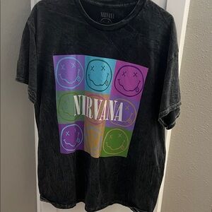 NIRVANA Black Tee with Colorful Smiley Faces